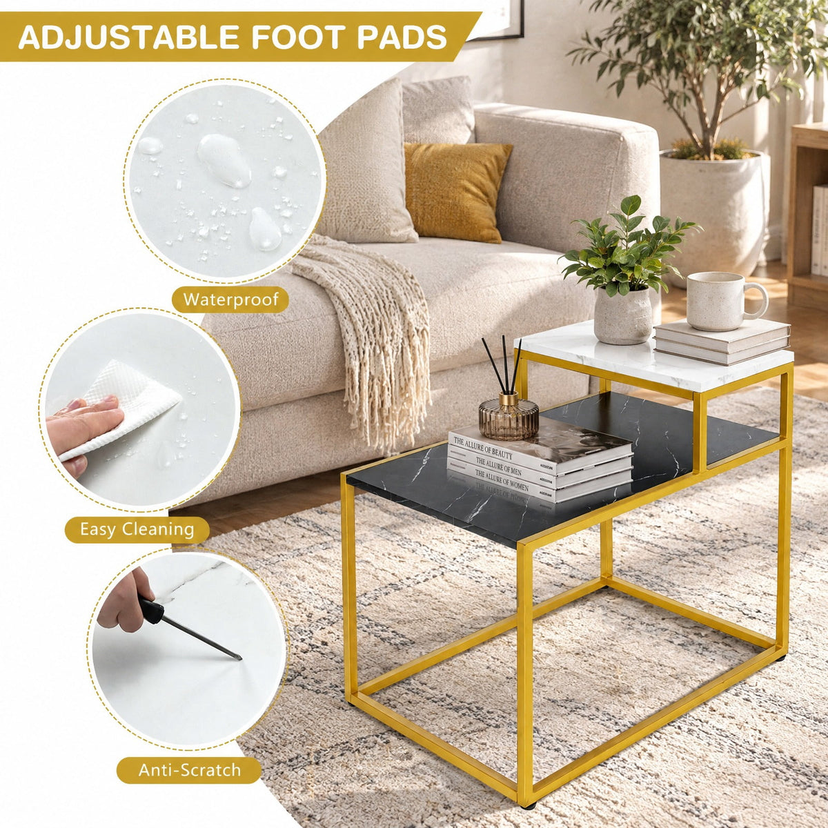 Airfind 2 Tier End Side Table with Metal and Storage Shelf for Living Room, 66 Lbs Capacity, Metal Mdf, 24 Inch X 18 Inch X 22 Inch, White