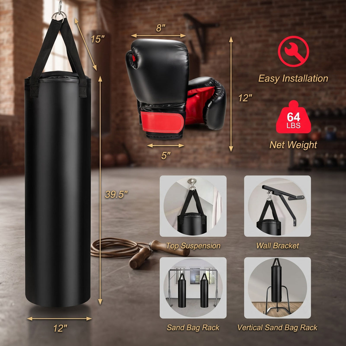 Airfind 63 lbs Filled Punching Bag Set with Boxing Gloves and Hand Wraps, Heavy Duty PVC Leather Freestanding Hanging Boxing Bag for Karate Muay Thai MMA, Black