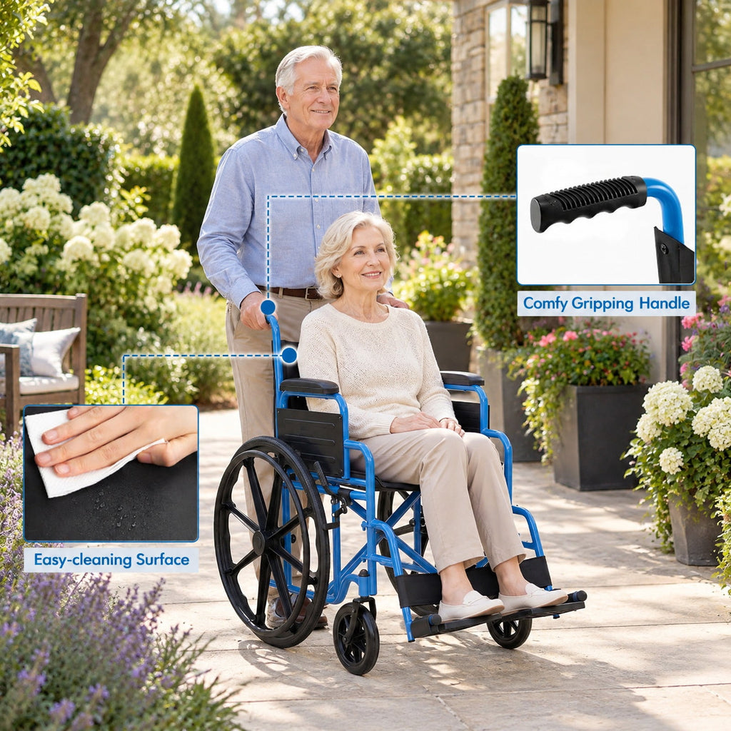 Airfind Lightweight Folding Wheelchair for Adults with Swing-Away Footrest and Desk Arm, 330 lbs Capacity, Metal Faux Leather Nylon Plastic Frame