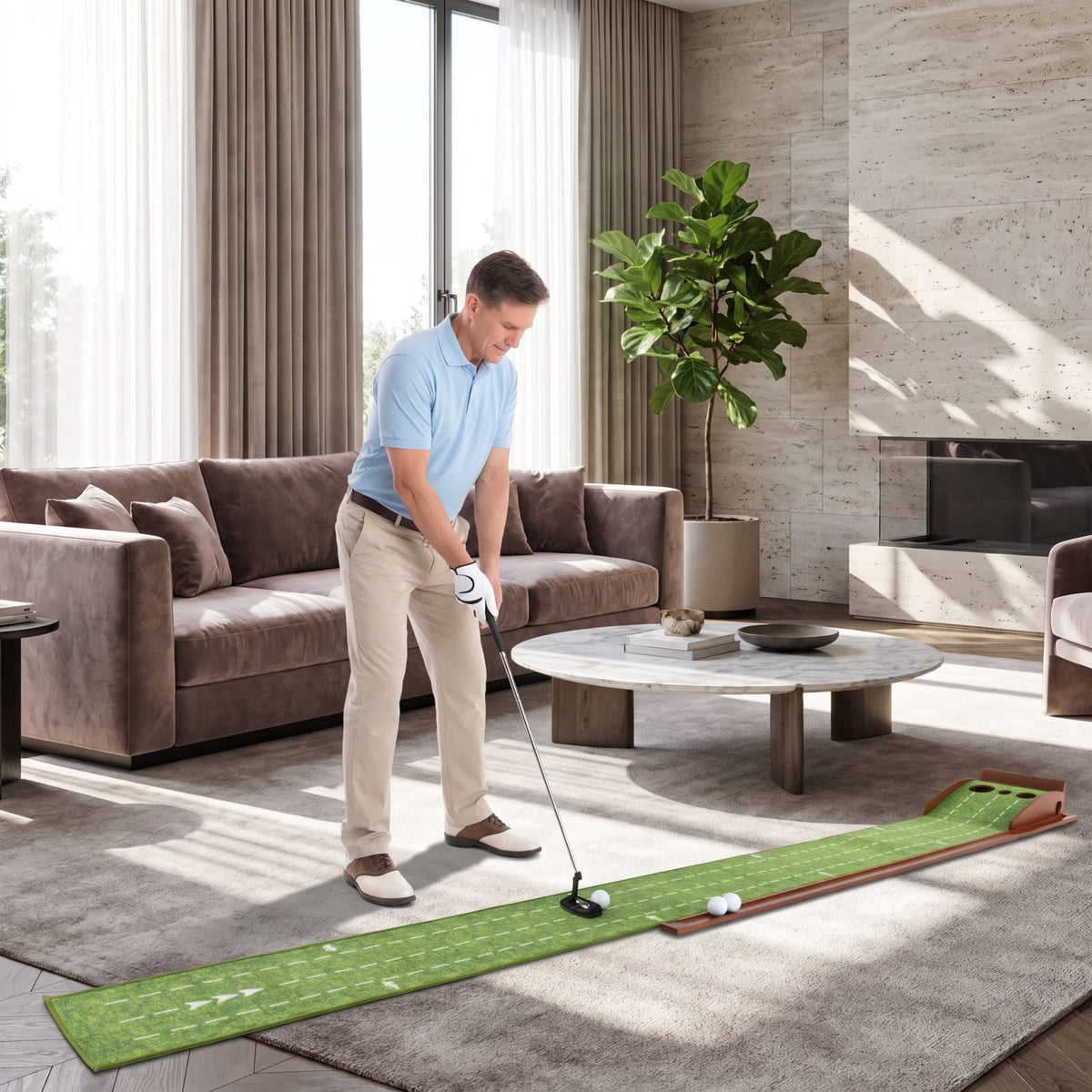 Airfind Golf Putting Mat Practice Training Aid with Auto Ball Return 3 Hole Sizes and Sloped Approach for Indoor Green, Brown