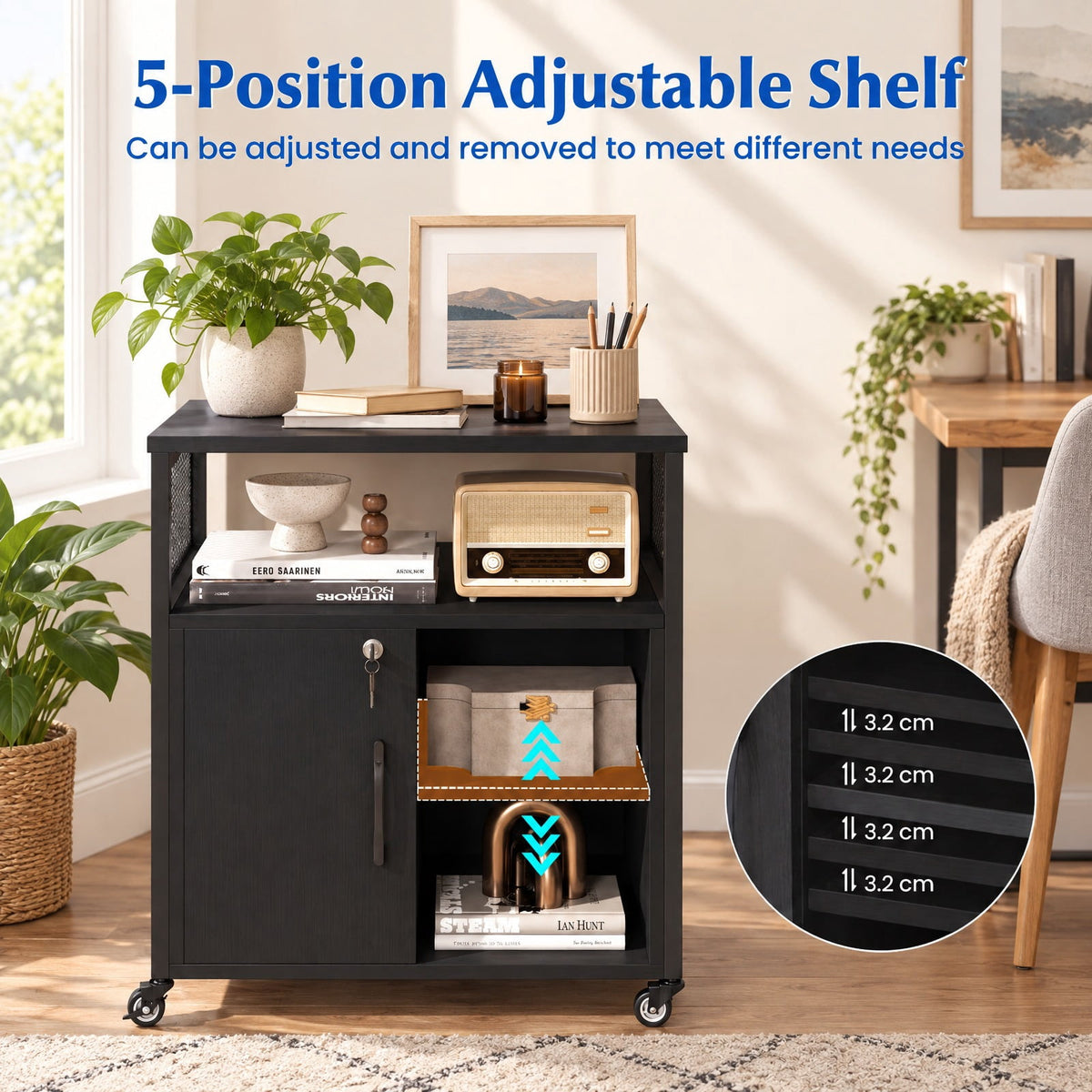 Airfind File Cabinet on Wheels with Charging Station and Cable Management Hole, 24 Inch x 17 Inch x 26 Inch Footprint, Black