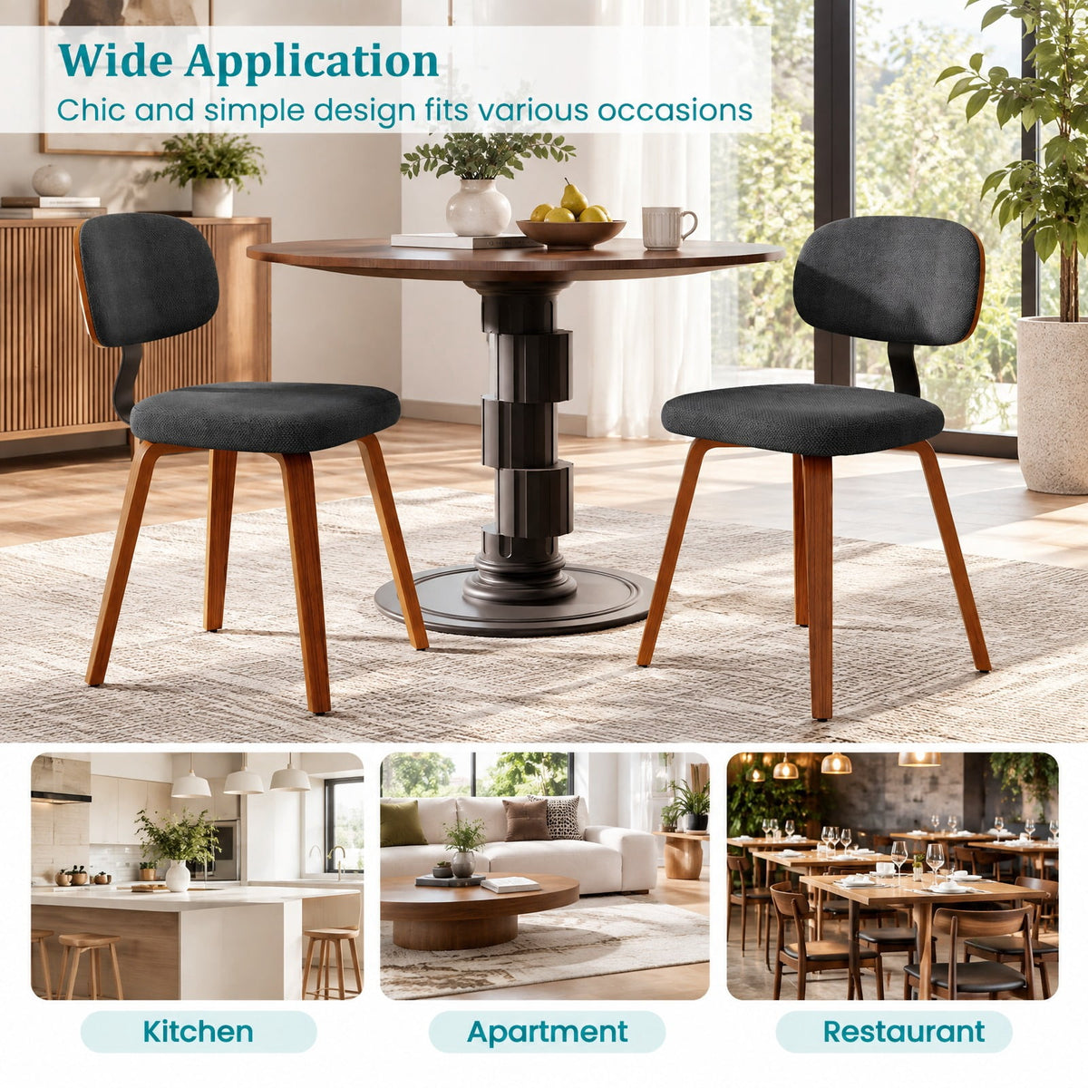 Airfind Chenille Fabric Upholstered Wooden Kitchen Chairs Set of 4, Chenille Sponge Bentwood Metal Frame, 330 lbs Capacity, Dark Gray