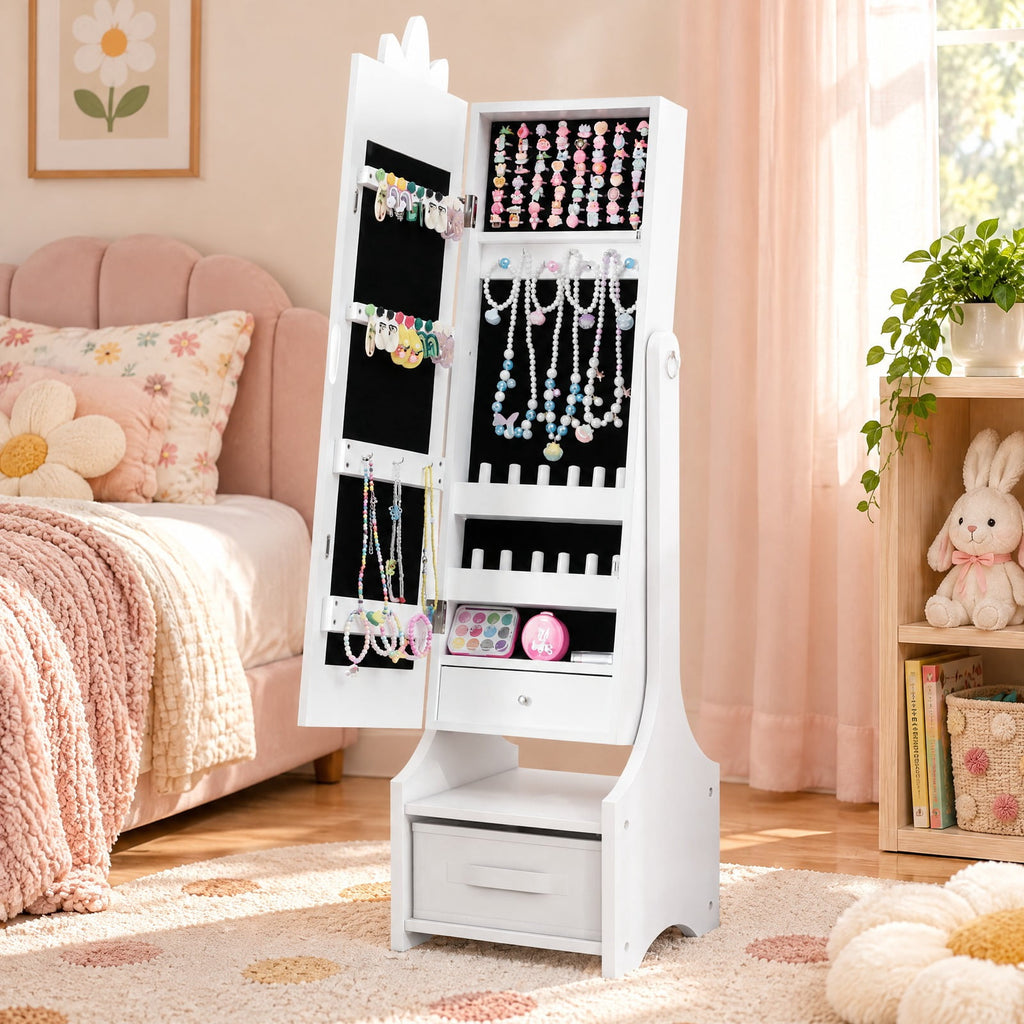 Airfind Kids Jewelry Cabinet with Full-Length Mirror for Kids Bedroom and Playroom, MDF Frame, 12.5 Inch x 12 Inch x 45.5 Inch Footprint, White