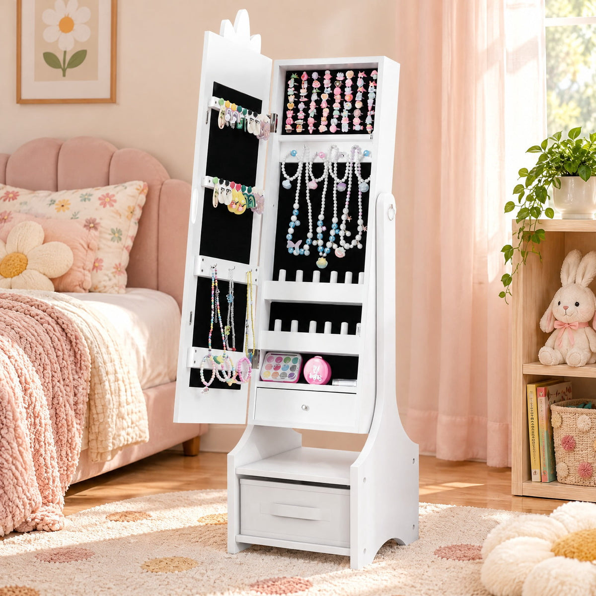 Airfind Kids Jewelry Cabinet with Full-Length Mirror for Kids Bedroom and Playroom, MDF Frame, 12.5 Inch x 12 Inch x 45.5 Inch Footprint, White