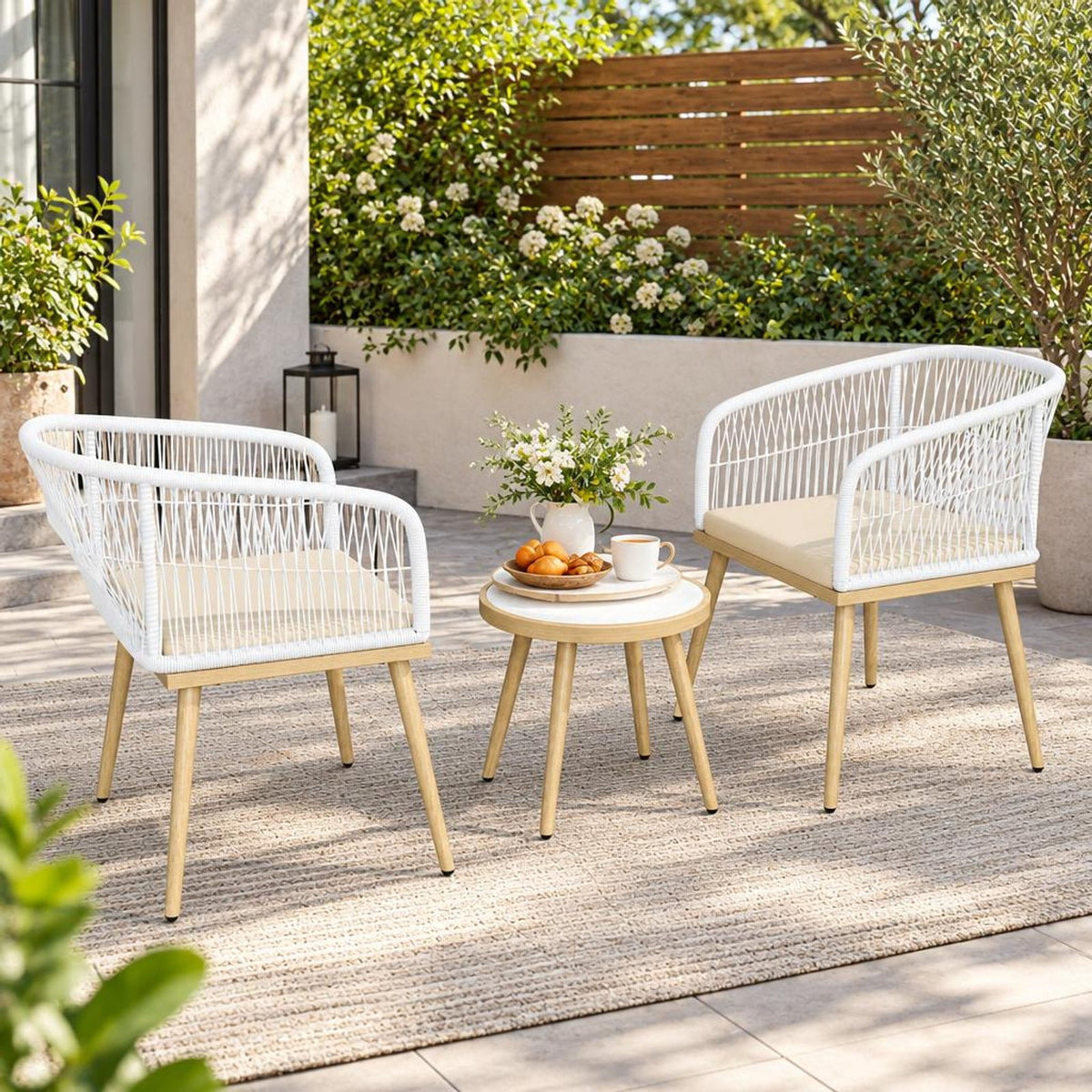 Airfind 3 Pieces Outdoor Bistro PE Wicker Conversation Furniture Set, 100 lbs Capacity, 18 x 16 Footprint, White