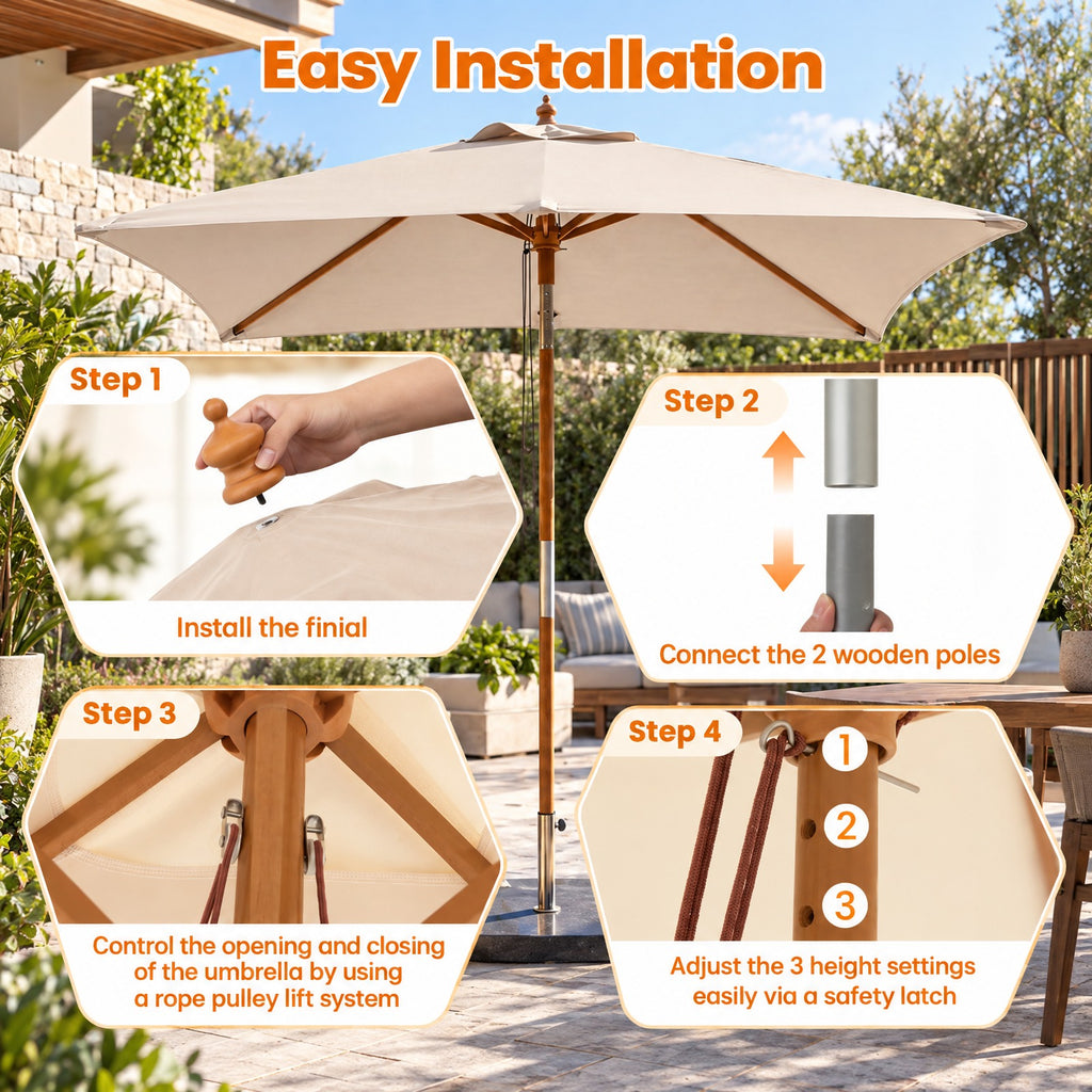 Airfind 7 Feet Outdoor Rectangular Patio Umbrella with 3 Adjustable Heights, Fabric Hardwood Bamboo Frame, 7 x 5.5 x 7.7 ft Umbrella Footprint