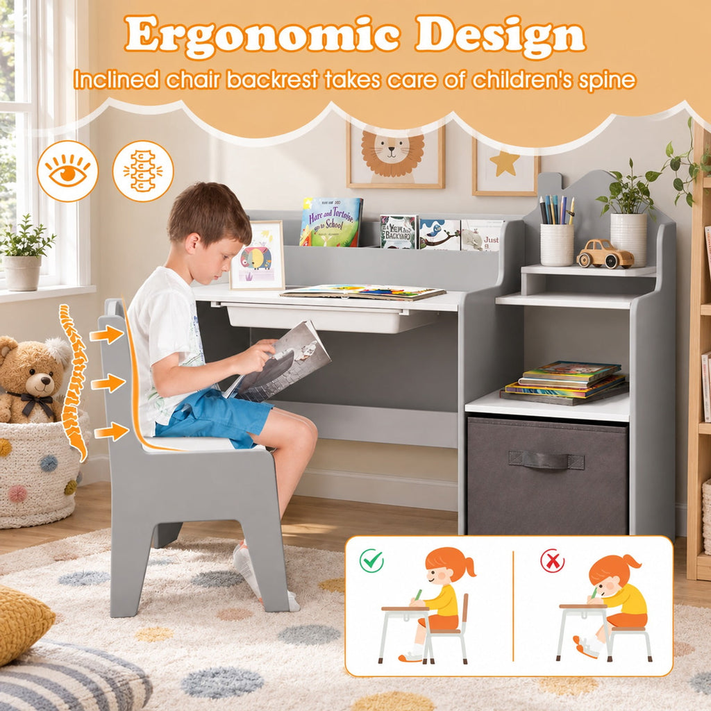 Airfind Kids Study Desk and Chair Set with Open Shelves Drawer and Fabric Storage Bin, 44 lbs Capacity, MDF Non-woven Fabric Desk Frame, Gray
