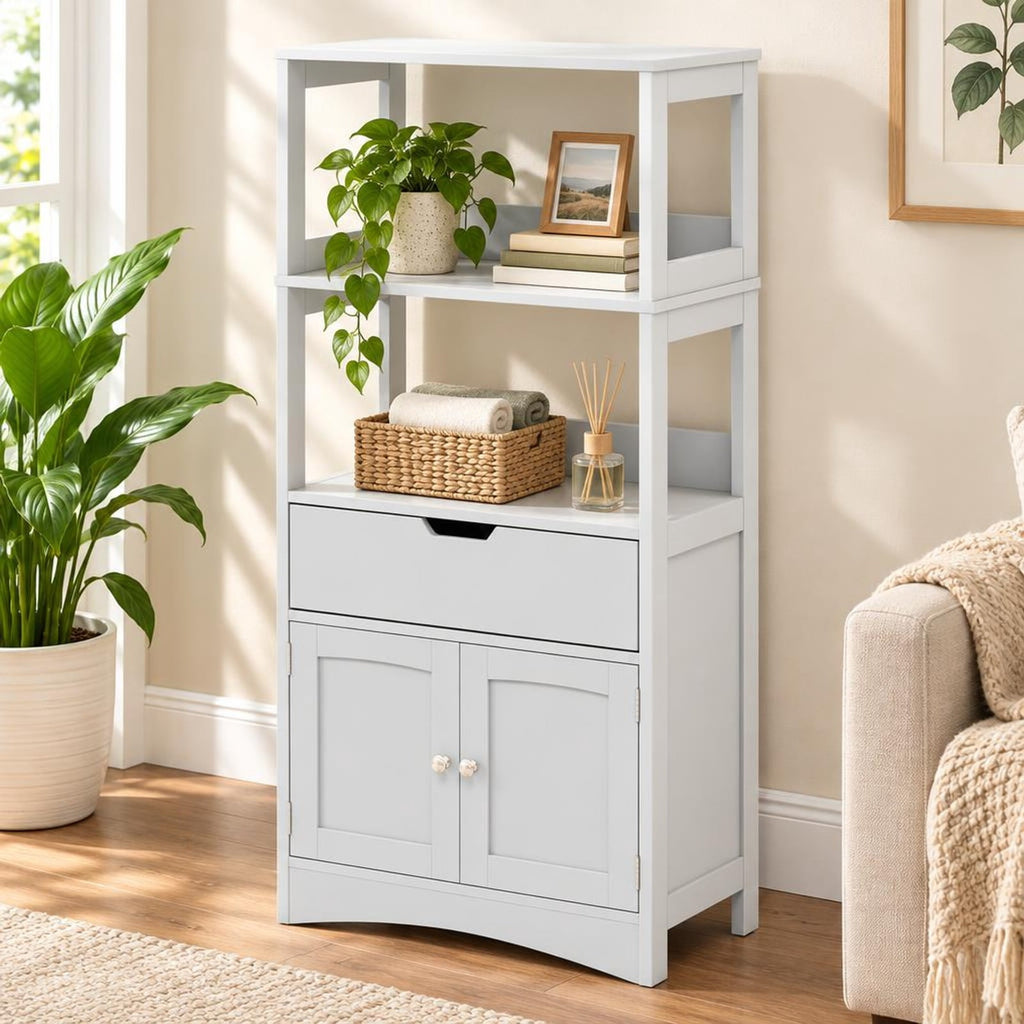 Airfind Bathroom Storage Cabinet with Open Shelves and Drawer, 110 lbs Capacity, Engineered Wood Frame, 24in x 13in x 48in Footprint, Grey