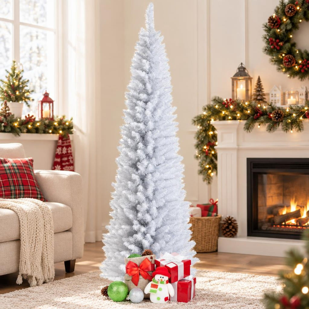 Airfind 7 Feet Unlit Artificial Slim Christmas Pencil Tree with Metal Stand-7 ft, PVC iron Height: 5ft/6ft/7ft Base width: 1.7ft/2.4ft/2.8ft Frame