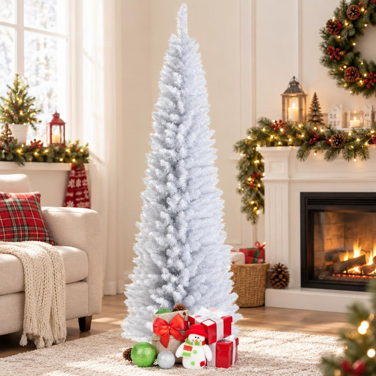 Airfind 7 Feet Unlit Artificial Slim Christmas Pencil Tree with Metal Stand-7 ft, PVC iron Height: 5ft/6ft/7ft Base width: 1.7ft/2.4ft/2.8ft Frame