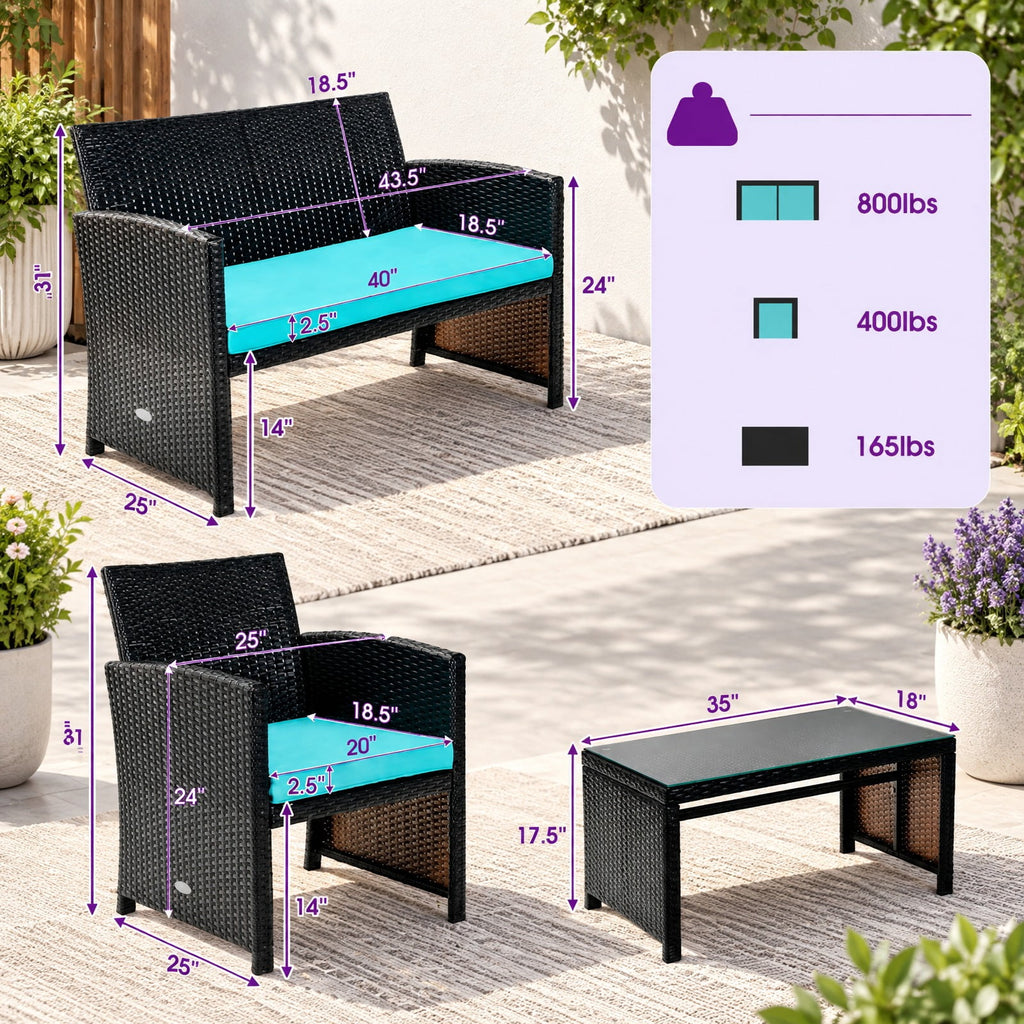 Airfind 4 Pieces Patio Rattan Cushioned Furniture Set, Rattan Frame, 43.5 x 25 x 31 Footprint, Product dimension of loveseat 43.5 x 25