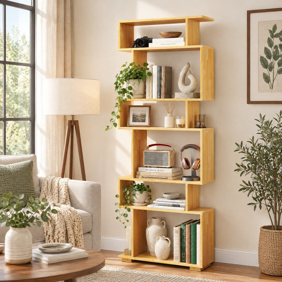 Airfind 6-Tier Geometric Bookshelf with 2 Anti-Tipping Kits for Home Office, 11 lbs Capacity, Engineered Wood Frame, 24 x 8 x 64 Footprint, Wood