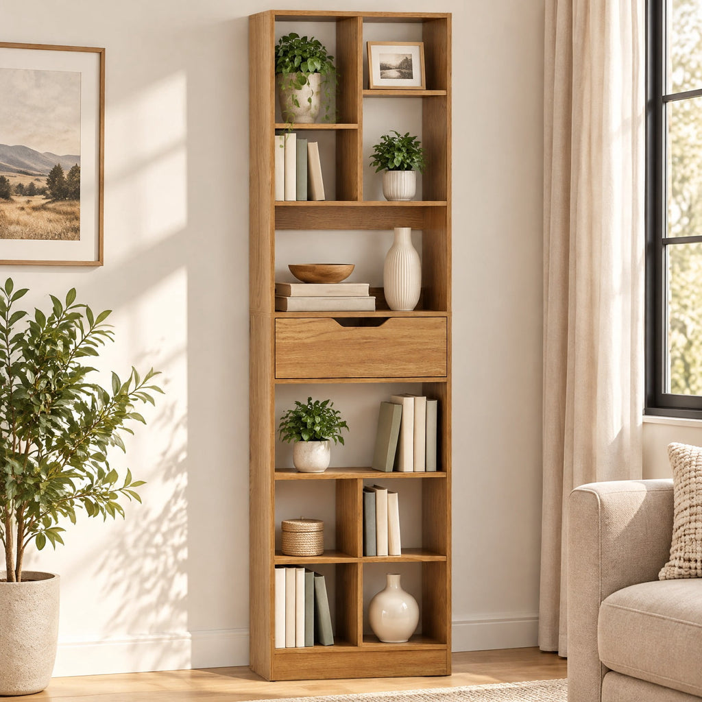 Airfind 71inch Tall Freestanding Bookcase with Drawer 10-Cube Storage Organizer, 205 lbs Capacity, Engineered Wood MDF Frame, Natural