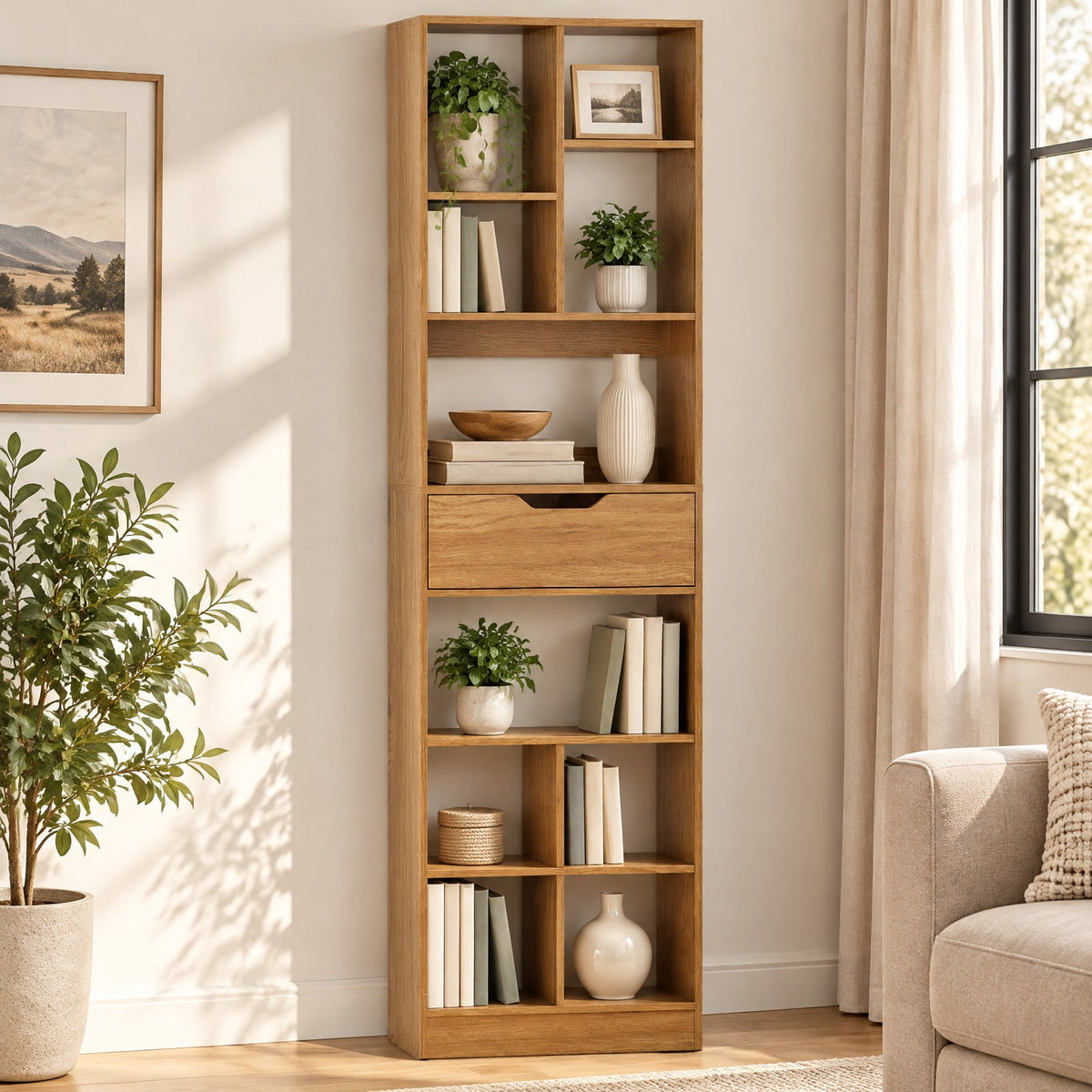 Airfind 71inch Tall Freestanding Bookcase with Drawer 10-Cube Storage Organizer, 205 lbs Capacity, Engineered Wood MDF Frame, Natural