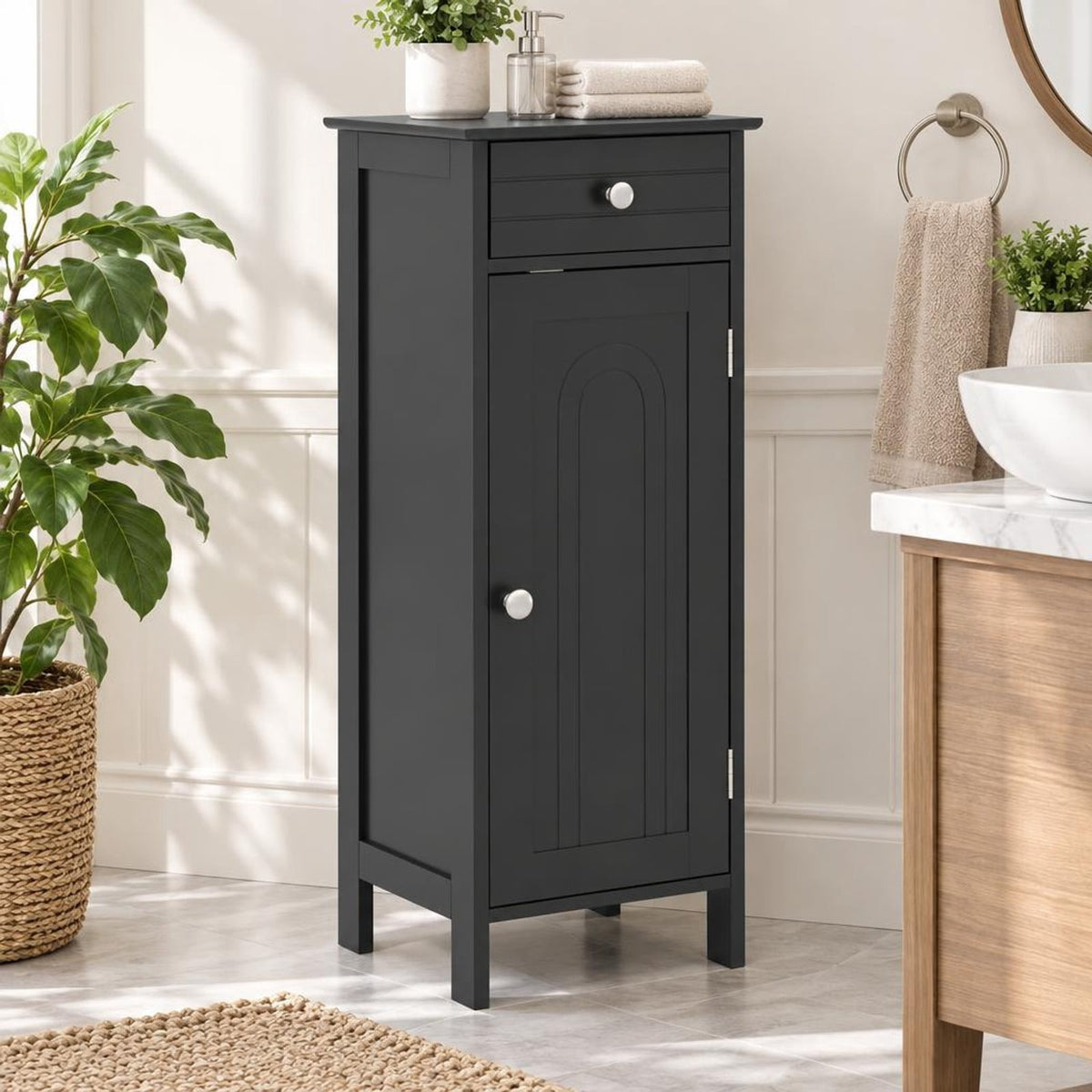 Airfind Wooden Storage Free-Standing Floor Cabinet with Drawer and Shelf, 132 lbs Capacity, MDF Frame, 14in x 12in x 34.5in Footprint, Black