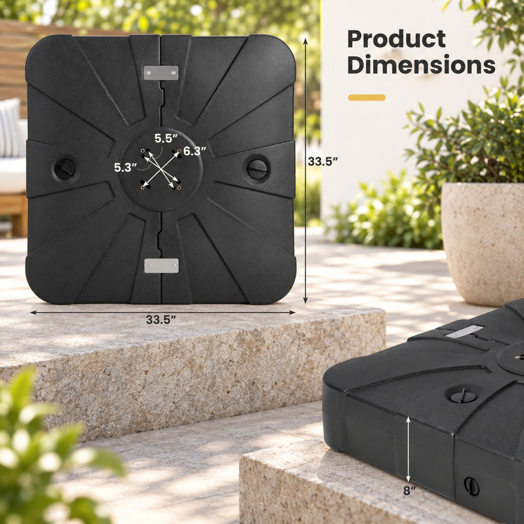 Airfind 260 lbs Offset Patio Umbrella Base with Wheels Sand Water Filled, HDPE Frame, Black, Overall Dimensions 33.5 x 33.5 x 8 (L