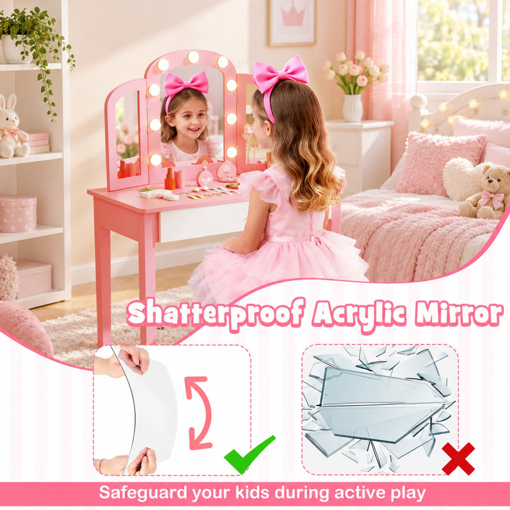 Airfind 2-in-1 Kids Vanity Table Set with Tri-Folding Detachable Mirror and Lights, 110 lbs Capacity, MDF Pine Wood Acrylic Frame, Footprint, Pink