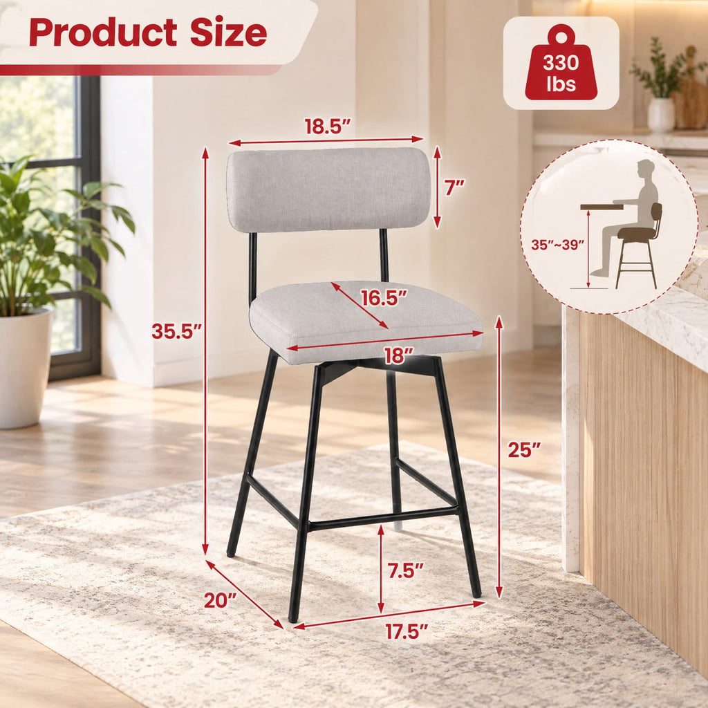 Airfind 25 Inch 2-Piece Modern Upholstered Bar Stools with Back and Footrests, 330 lbs Capacity, Polywood Metal Sponge Linen Type Cloth Frame, Beige
