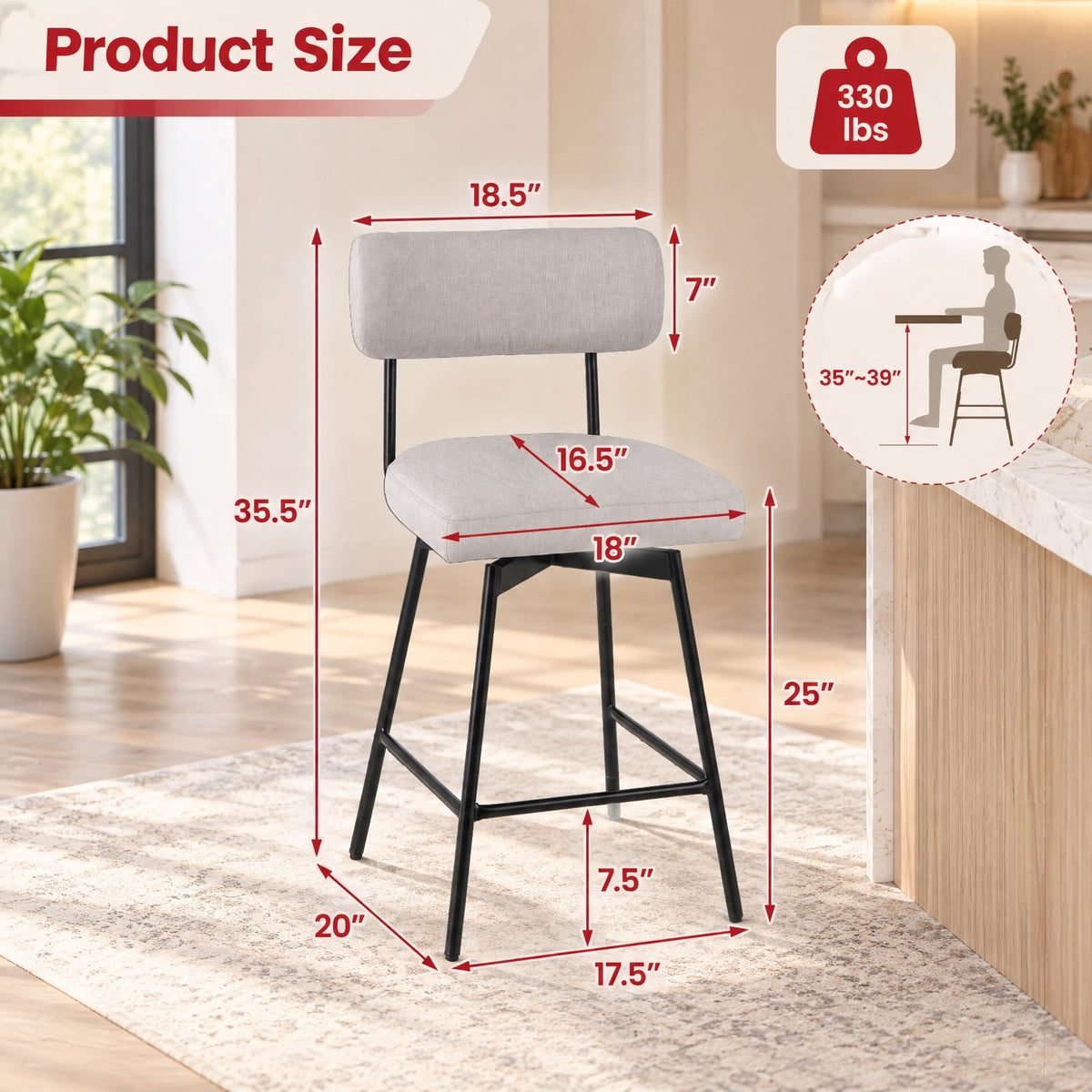 Airfind 25 Inch 2-Piece Modern Upholstered Bar Stools with Back and Footrests, 330 lbs Capacity, Polywood Metal Sponge Linen Type Cloth Frame, Beige
