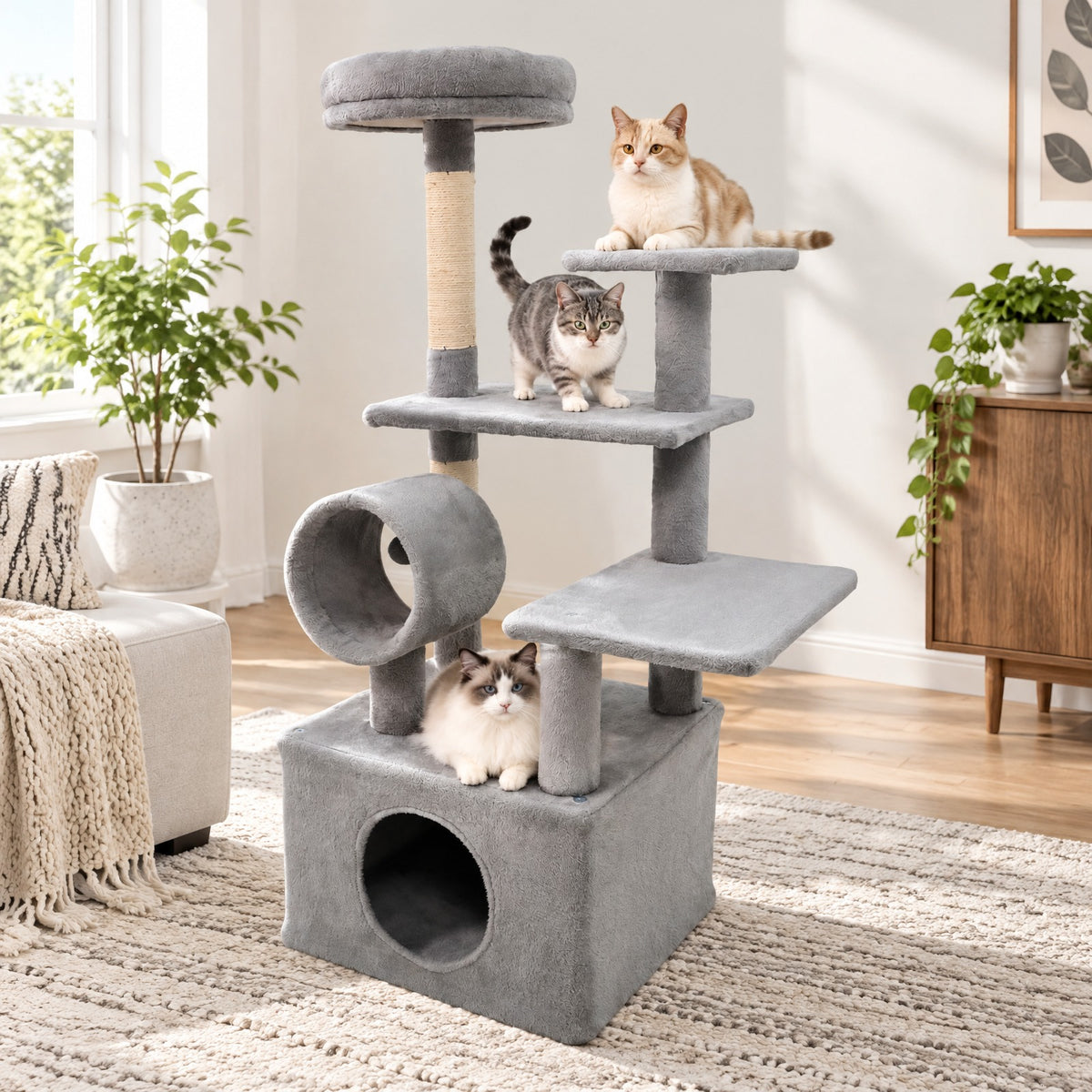 Airfind 48 Inches Tall Cat Tree Multi-Level Kitten Tower with Large Condo Padded Top Perch, Engineered Board Plush Sponge Jute Frame, Light Gray