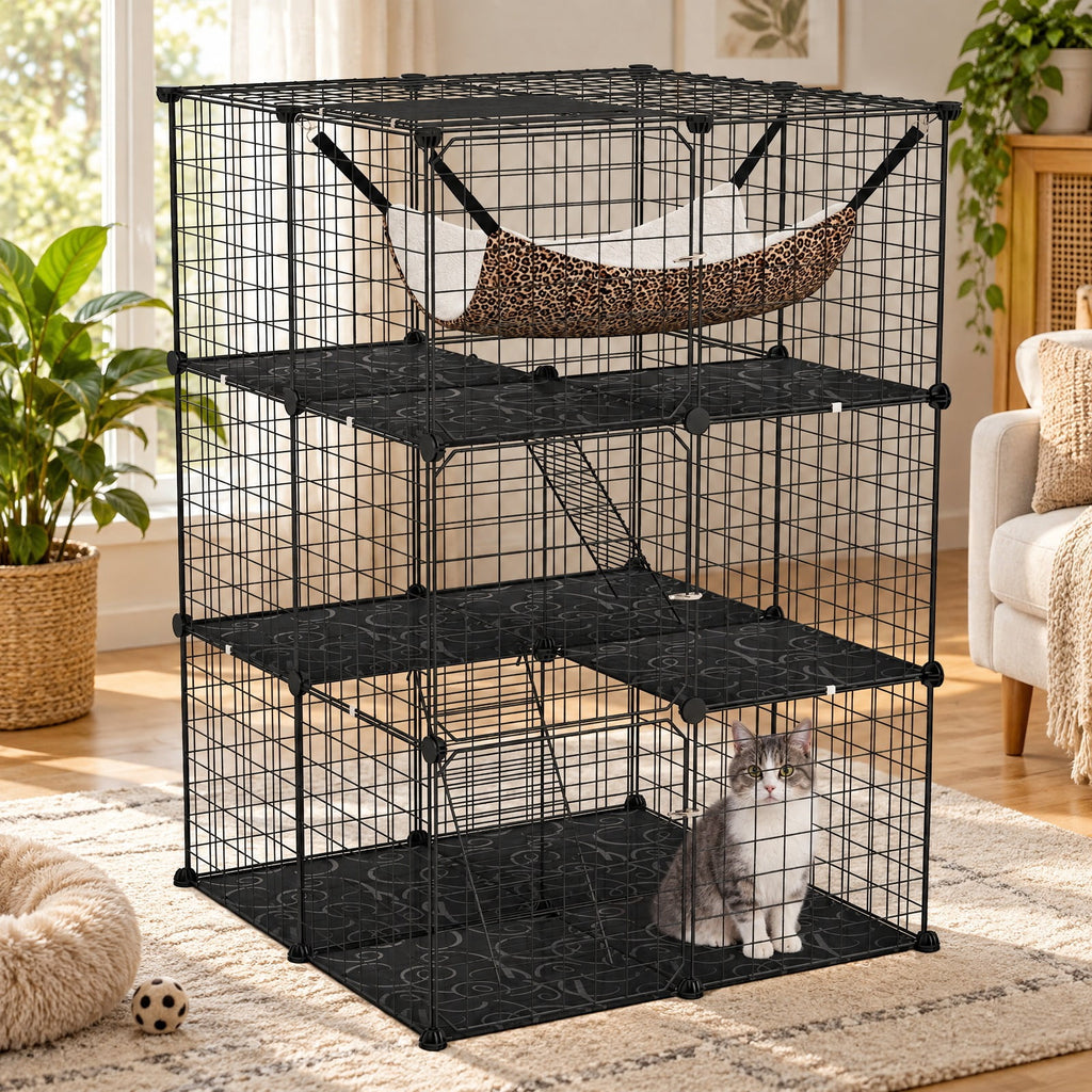 Airfind Indoor Cat Cage 3-Tier Cat Enclosure Detachable Metal Wire Kennel, 5 kg Capacity, PP Frame, 29.1 Inch x 29.1 Inch x 42.1 Inch Footprint, Black