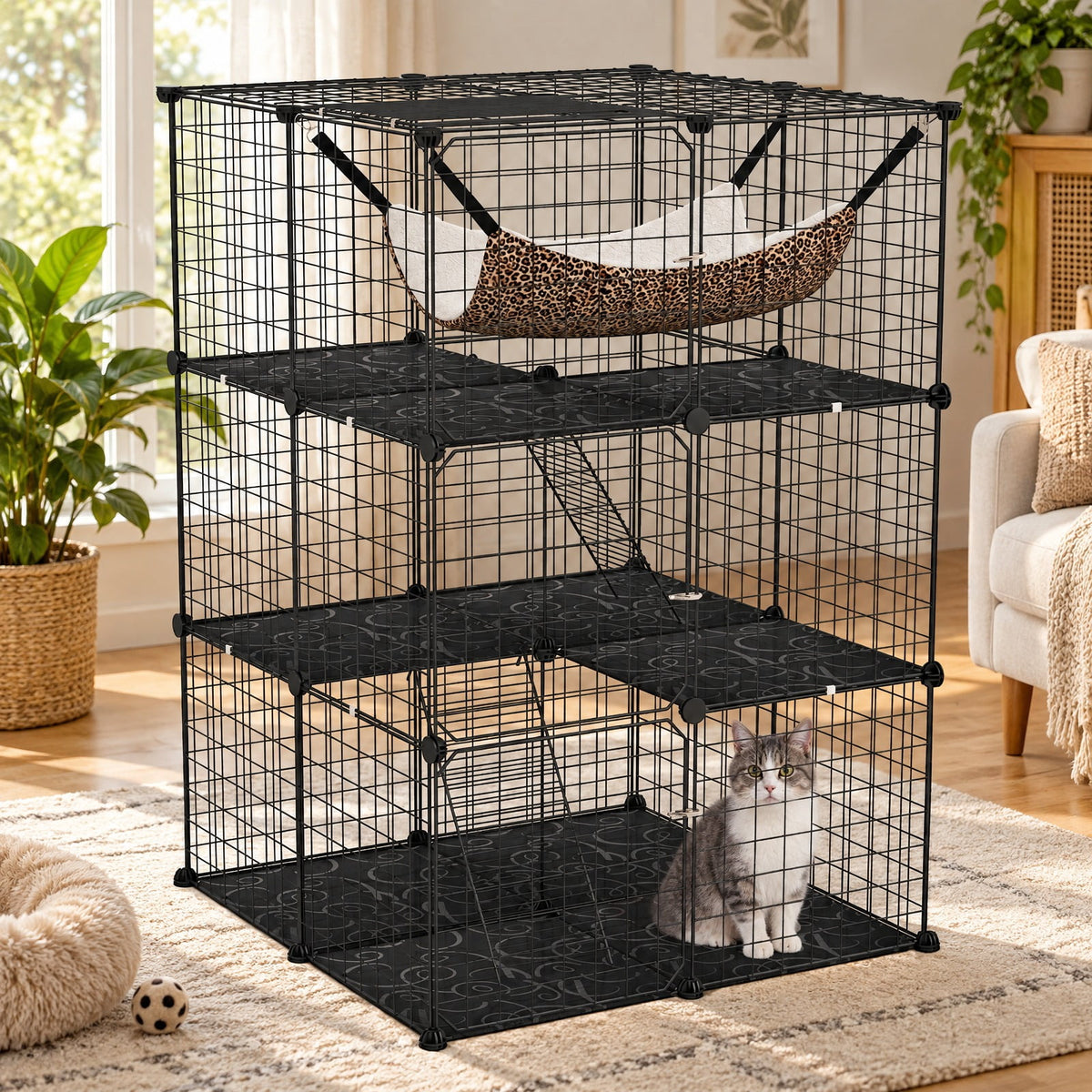 Airfind Indoor Cat Cage 3-Tier Cat Enclosure Detachable Metal Wire Kennel, 5 kg Capacity, PP Frame, 29.1 Inch x 29.1 Inch x 42.1 Inch Footprint, Black
