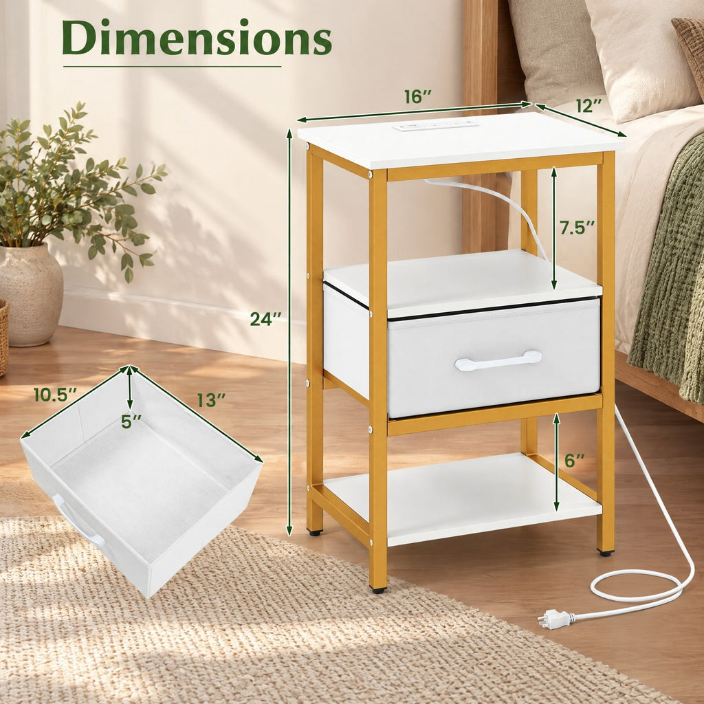 Airfind Nightstand with Charging Station and Adjustable Fabric Drawer for Bedroom and Living Room-Set of 2, 44 lbs Capacity, White and Gold
