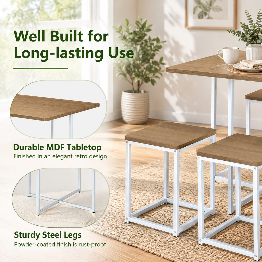 Airfind 5 Pieces Metal Frame Dining Set with Compact Dining Table and 4 Stools, Steel MDF Frame, 31in x 31in x 30in Footprint, Natural
