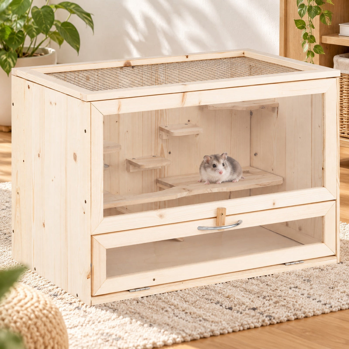 Airfind Wooden Hamster Cage with Mesh Flip Roof, Fir Wood Acrylic Frame, 23.5 x 14 x 16.5 Cage Inside Footprint, Natural