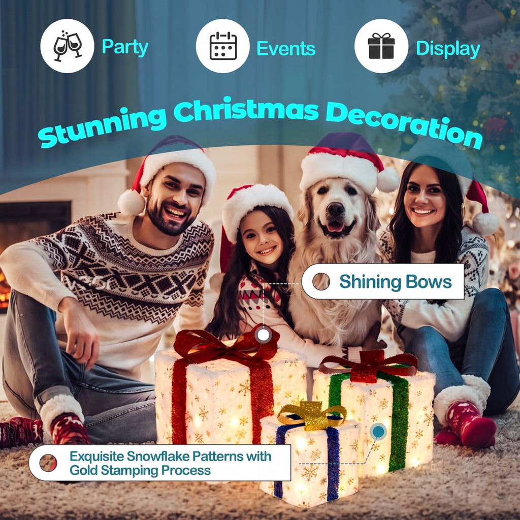 Airfind Set of 3 Christmas Lighted Gift Boxes with 48 Bright Warm Lights, Polyester Fabric PVC Plush Fabric Frame, White+Red+Golden+Green+Blue