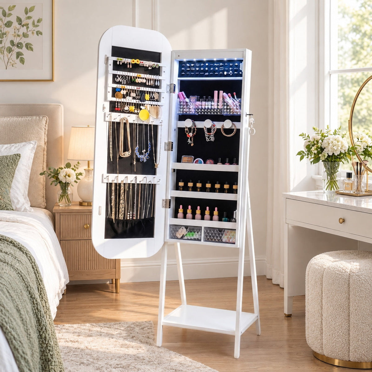 Airfind Jewelry Cabinet with Full-Length Mirror Large Storage Capacity, Engineered Wood Frame, 16.5 x 14.5 x 59 Footprint, White