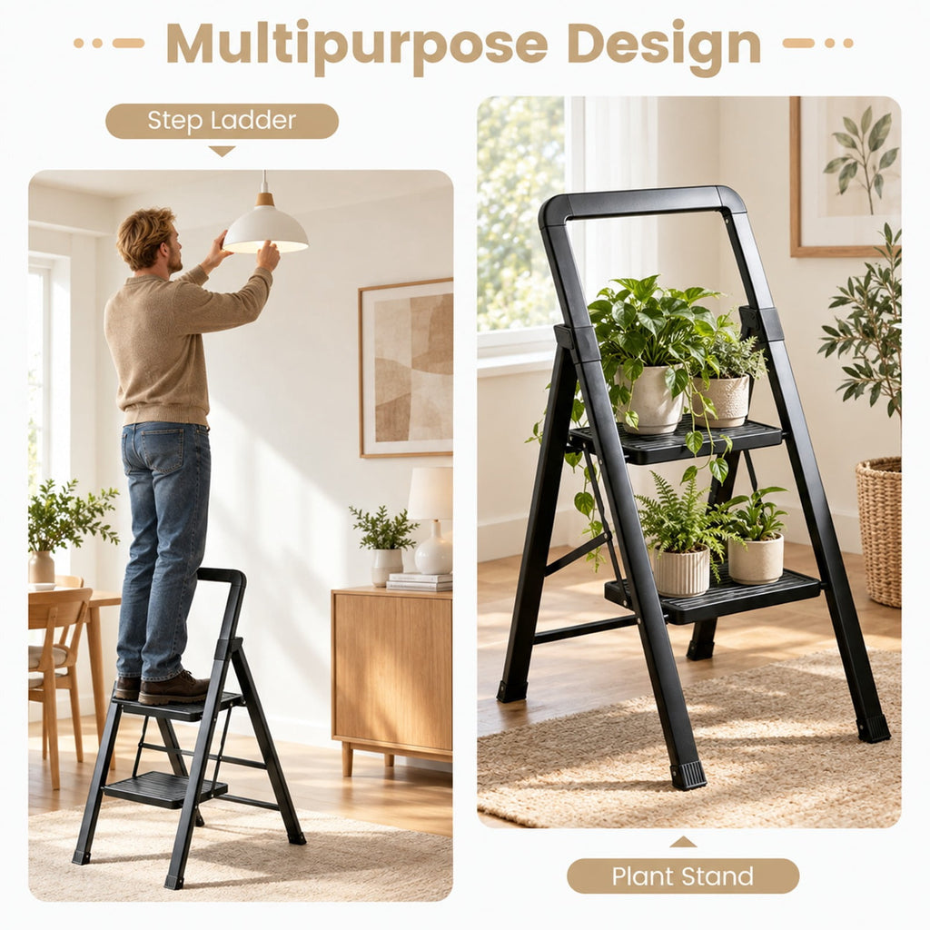 Airfind 2 Step Black Folding Step Stool with Wide Anti, 330 lbs Capacity, Metal PE Frame, Black, Overall Dimensions 2-Step 16.5 x 20 x