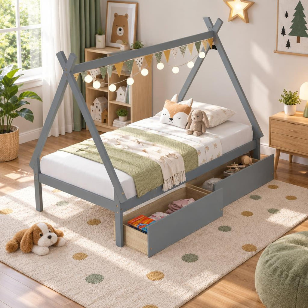 Airfind Twin Size Wooden Tent Platform House Bed with 2 Drawers, 200 lbs Capacity, Solid Wood Plywood Frame, 78 Inch x 46.5 Inch x 59 Inch Footprint, Gray