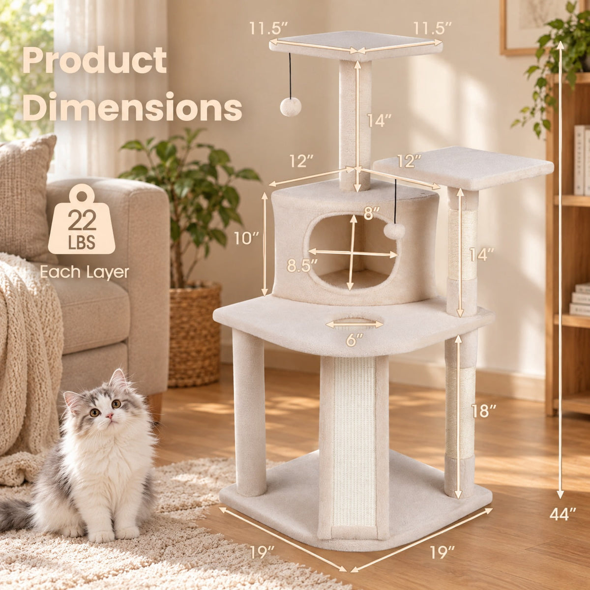 Airfind 44 Inch Tall Kitten Tower with Condo and 2 Plush Perches, 22 lbs Capacity, Engineered Wood Sponge Plush Fabric Sisal Frame, Beige