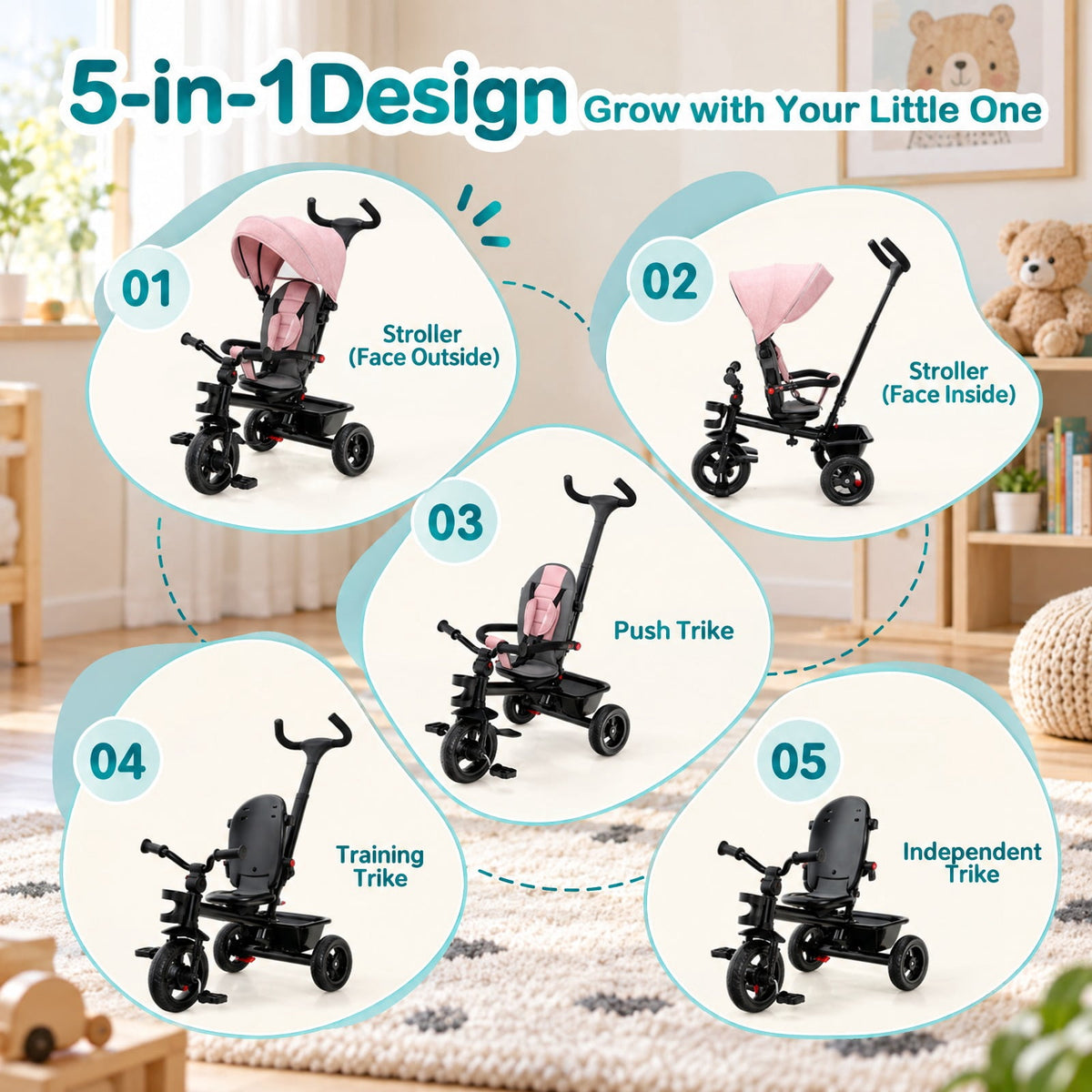 Airfind 4-in-1 Baby Tricycle Toddler Trike with Convertible Seat, 55 lbs Capacity, Steel polyester fabric PP EVA Frame, Pink