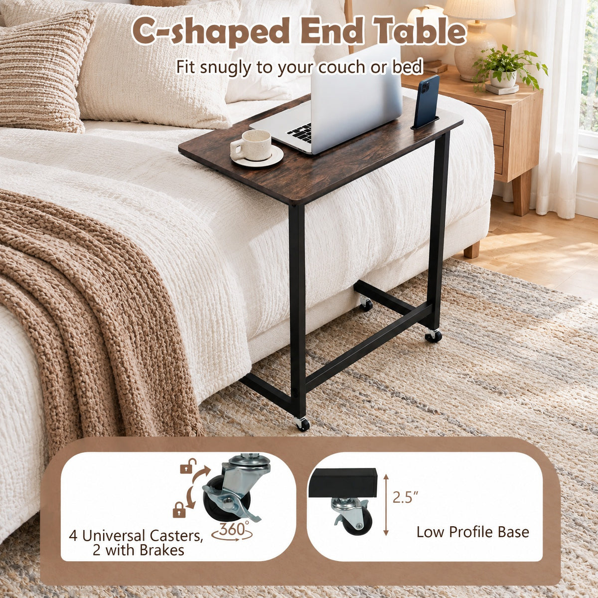 Airfind C-shaped End Table with Wheels Mobile Bedside Table with Built-in Phone Slot, 80 lbs Capacity, Engineered Wood Metal Frame, Brown