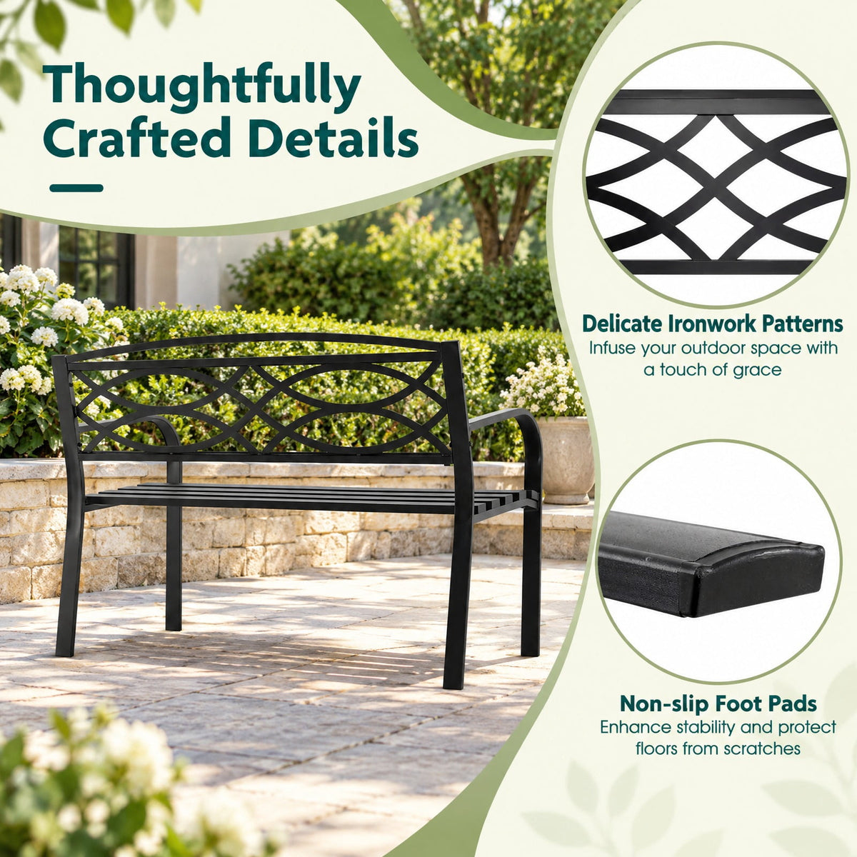 Airfind Garden Bench with Curved Armrests and Backrest, 660 lbs Capacity, Metal Frame, 19.5 x 45.5 x 32.5 Footprint, Black
