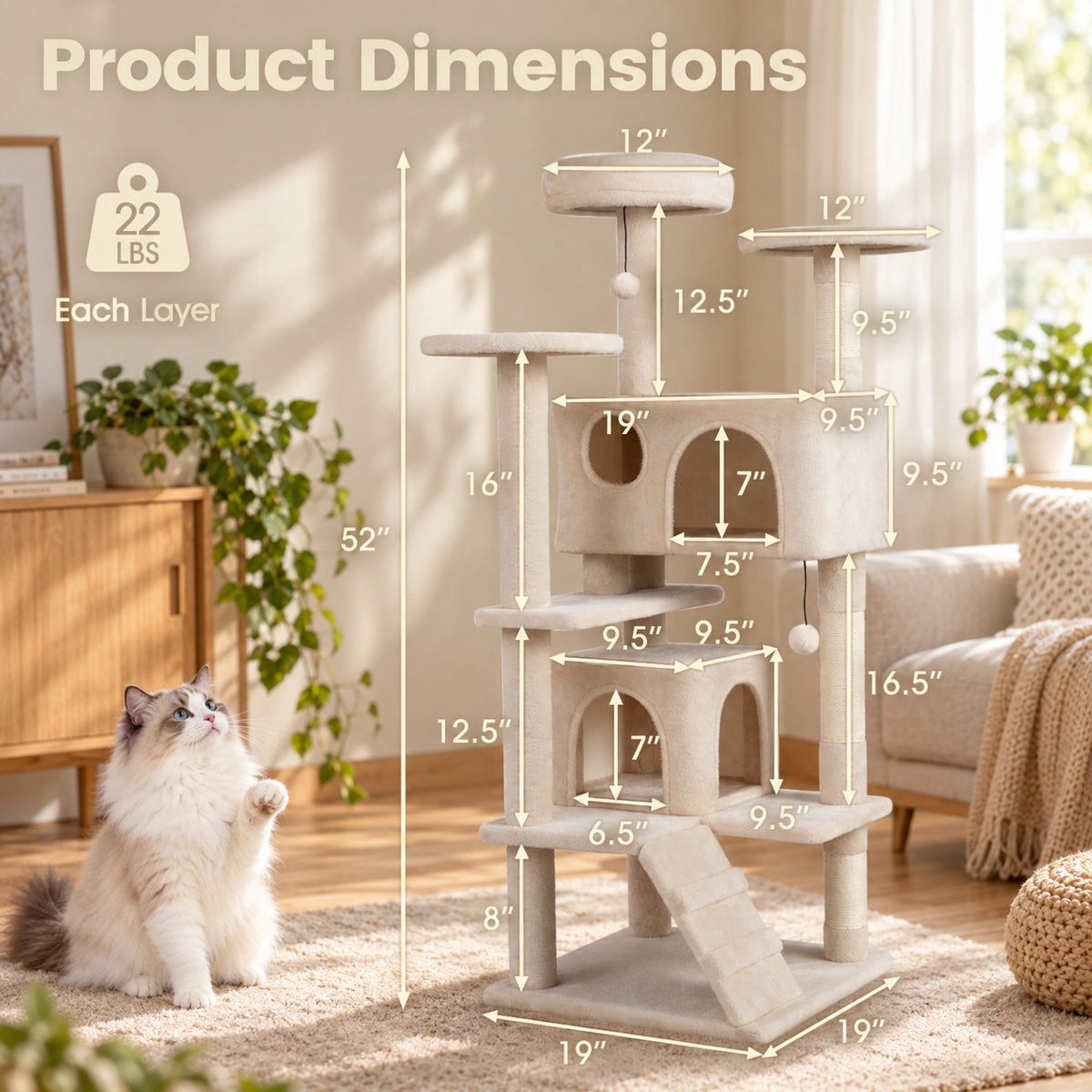 Airfind 52 Inch Tall Cat Tree Tower for Indoor Cats, 22 lbs Capacity, Engineered Wood Sponge Plush Fabric Sisal Frame, Beige