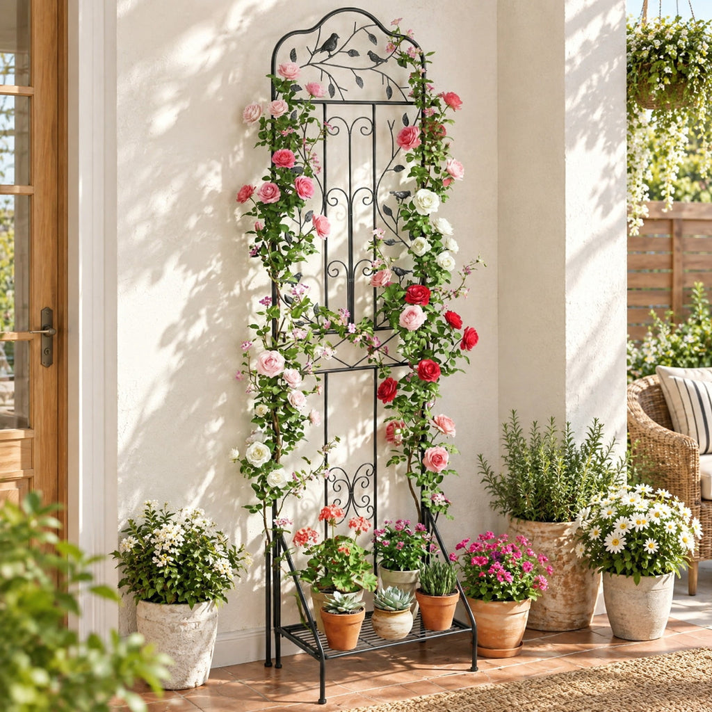 Airfind 75 x 20 Inch Outdoor Metal Garden Trellis with Foldable Bottom Shelf, 33 lbs Capacity, Metal Frame, 20 x 12 x 75 Footprint, Black