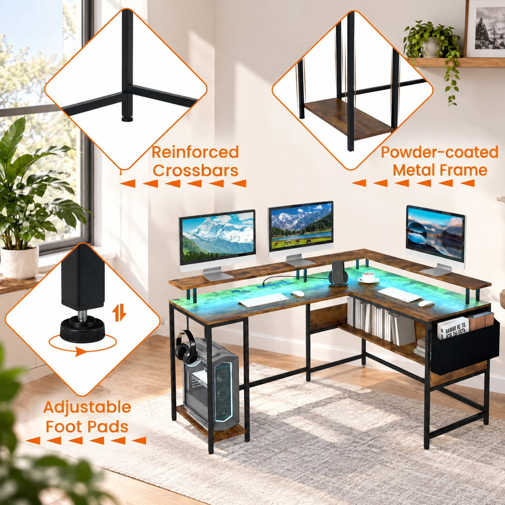 Airfind L-Shaped Gaming Desk with LED Lights and Power Outlets Home Office Computer Desk, 200 lbs Capacity, Engineered Wood Metal Frame, Brown