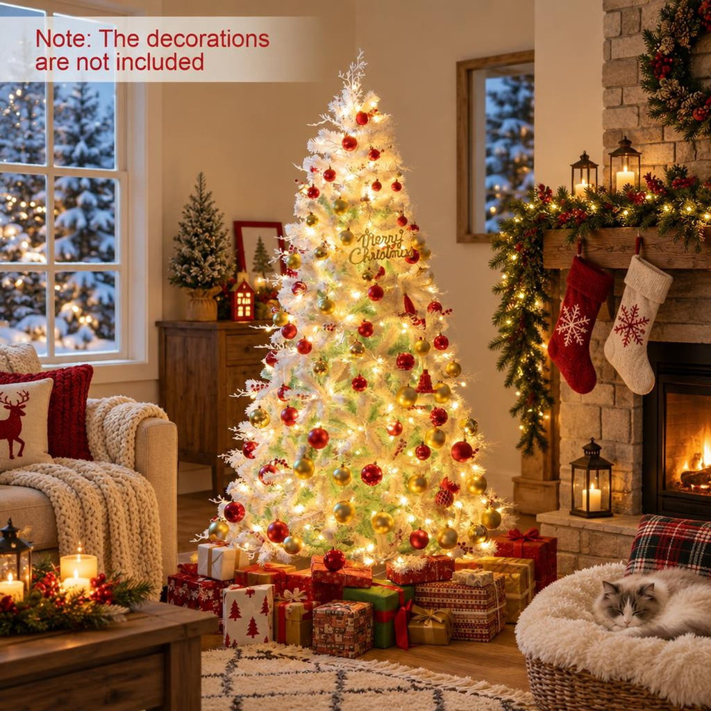 Airfind Pre-Lit Artificial Christmas Tree with Snow Flocked Branch Tips, PVC PE Metal Frame, 3.8 x 6 ft Footprint, White+Lake Blue
