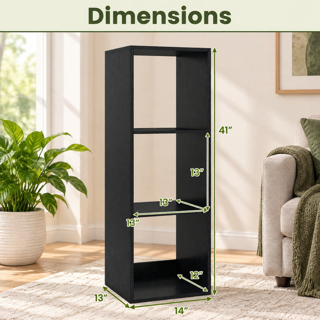 Airfind 3 Cube Bookshelf with Back Guardrail for Living Room Bedroom, Engineered Wood Frame, 14 Inch x 13 Inch x 41 Inch Depth of Bottom Shelf 12 Inch Footprint