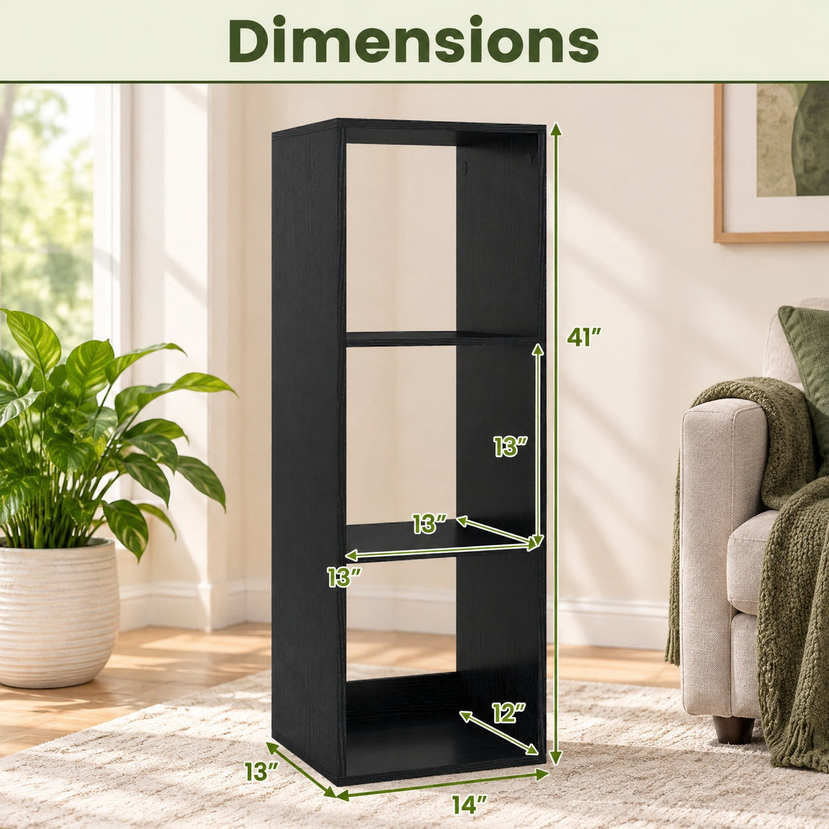 Airfind 3 Cube Bookshelf with Back Guardrail for Living Room Bedroom, Engineered Wood Frame, 14 Inch x 13 Inch x 41 Inch Depth of Bottom Shelf 12 Inch Footprint