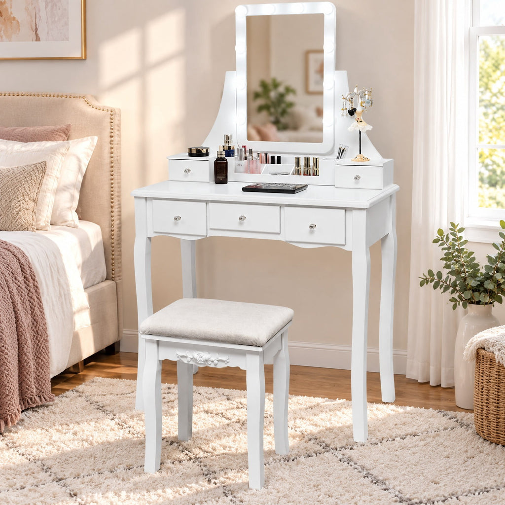 Airfind 10 Dimmable Light Bulbs Vanity Dressing Table with 2 Dividers and Cushioned Stool, 286 lbs Capacity, MDF Frame, White