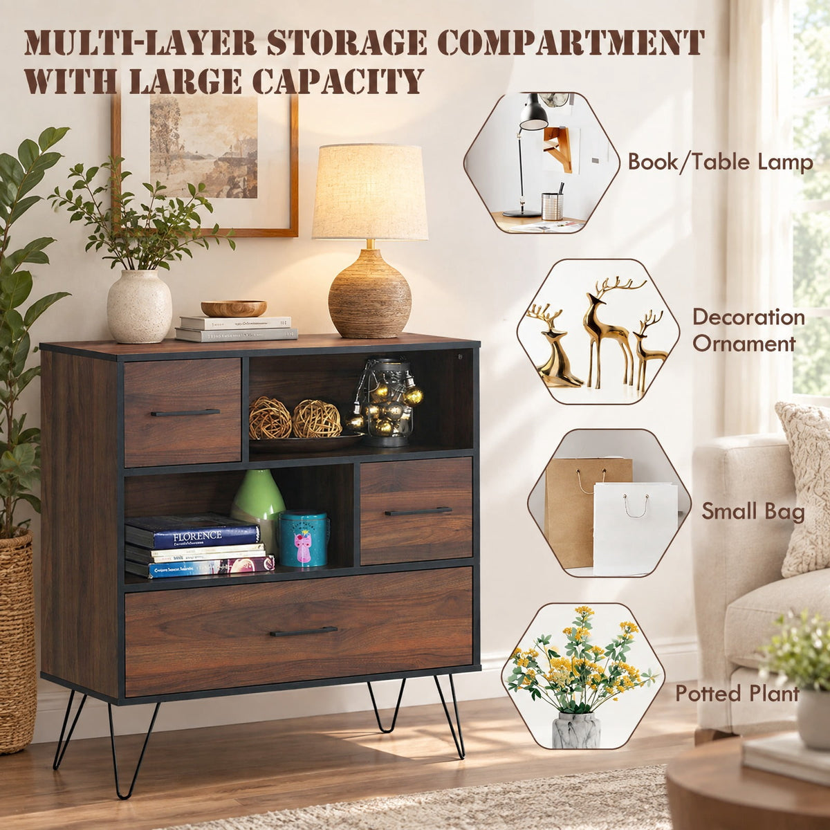 Airfind 3-Tier Wood Storage Cabinet with Drawers and 4 Metal Legs, 11 lbs Capacity, Engineered wood Metal Frame, Wood