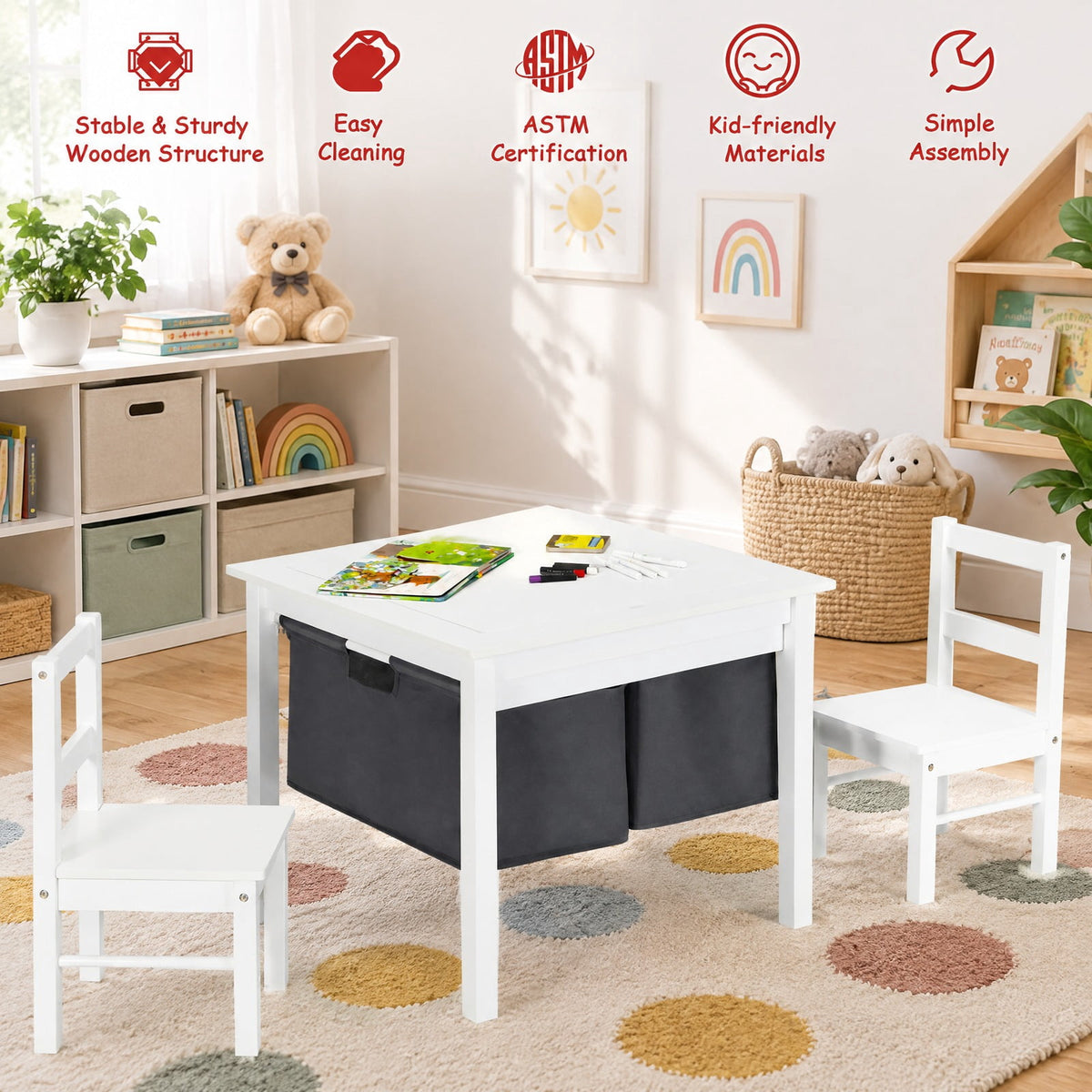 Airfind 2-in-1 Youth Activity Table and 2 Chairs Set with Storage Building Block Table, 200 Lbs Capacity, MDF Non-woven Fabric, for 3-8 Years, White