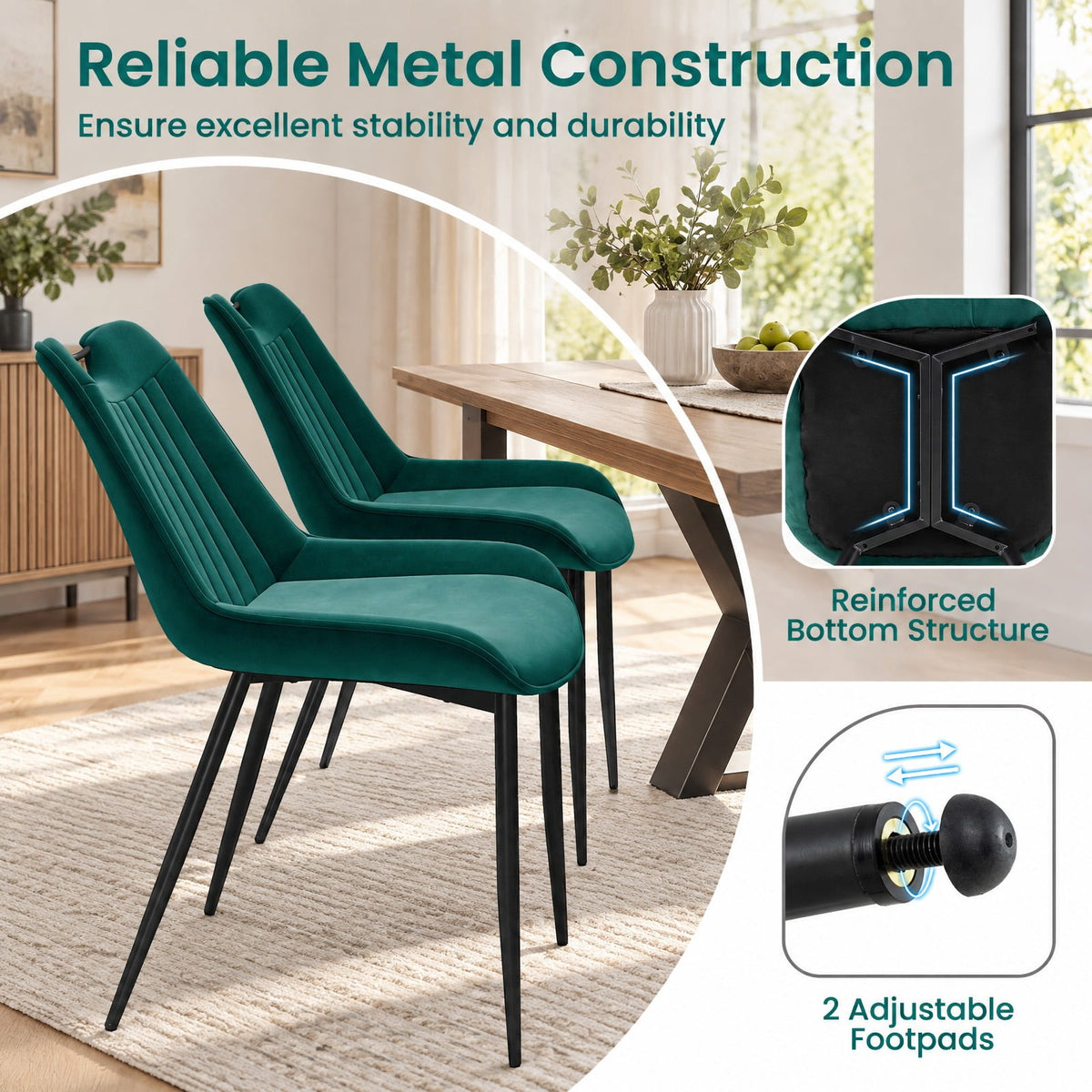 Airfind Dining Chair Set, of 4 Velvet Upholstered Kitchen Chairs with Metal Legs, 330 lbs Capacity, PU Leather Sponge Metal Frame, Green