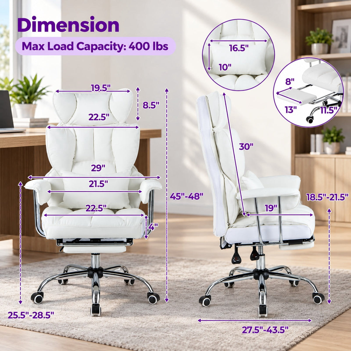 Airfind PU Leather Home Office Chair 400 lbs High Back Executive Chair, 400 lbs Capacity, PU Leather Sponge Pocket Spring Plywood Metal Frame, White