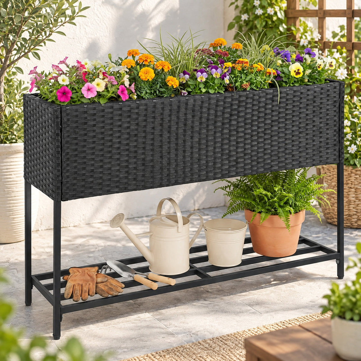 Airfind Raised Wicker Garden Bed with Storage Shelf and Removable Liner, 132 lbs Shelf Capacity, Metal Frame, 40 x 12 x 28 Planter Footprint