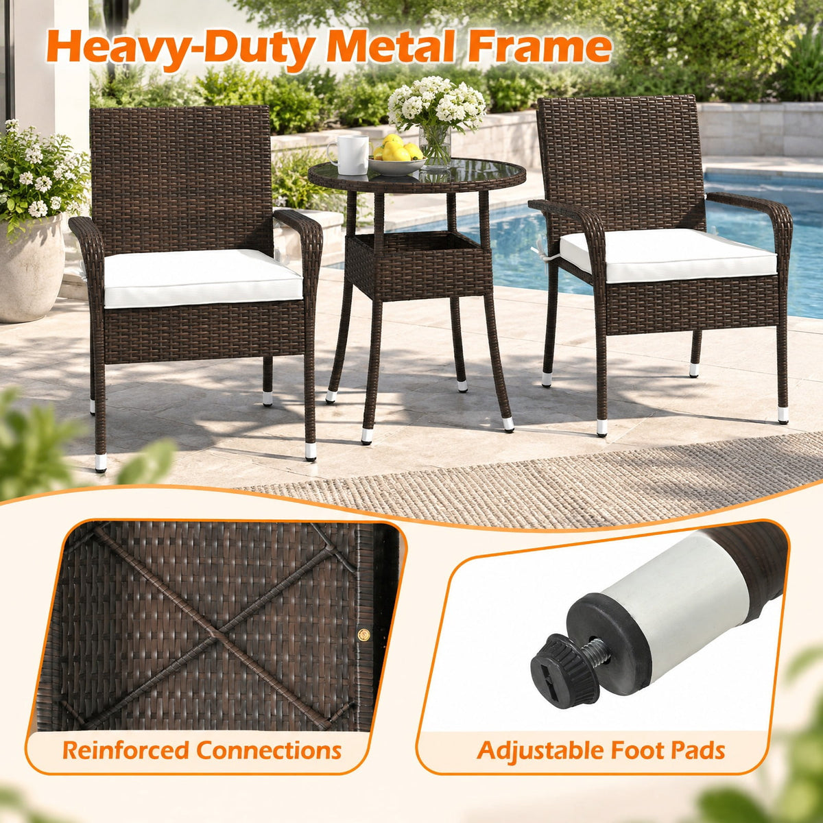 Airfind 3-Piece Patio Furniture Set PE Rattan Wicker Chairs with Tempered Glass Top Table, PE Rattan Metal Polyester Sponge Frame, White